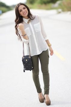 white chiffon blouse and army green skinny pants and heels with leopard print