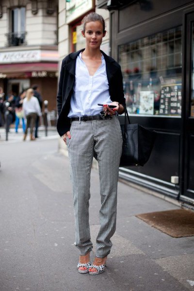 white shirt with buttons, black leisure blazer and checkered flannel trousers