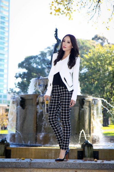 white blazer with black checked flannel trousers
