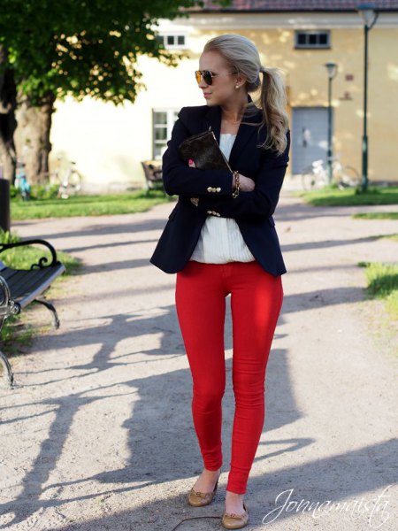 black blazer with white shirt and red skinny pants