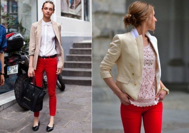 Light pink blazer with white shirt and red skinny pants