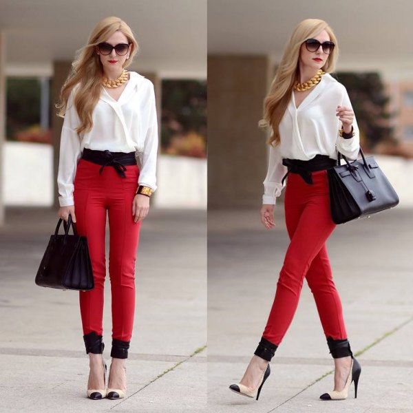 white chiffon blouse with red, narrow high rise trousers