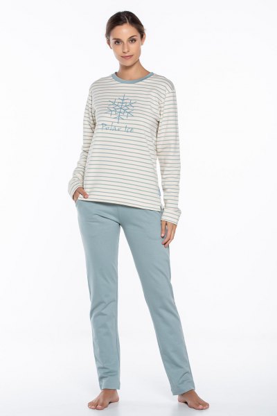 light gray and white striped graphic T-shirt with loosely cut trousers