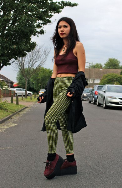 black short tank top with shocking green checked tube pants