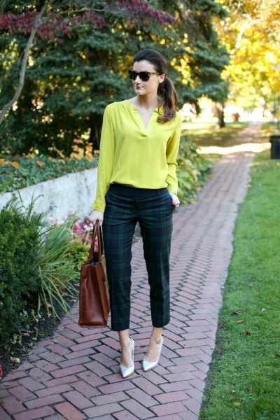 Lemon yellow long-sleeved blouse made of cotton with checked trousers in green and navy blue