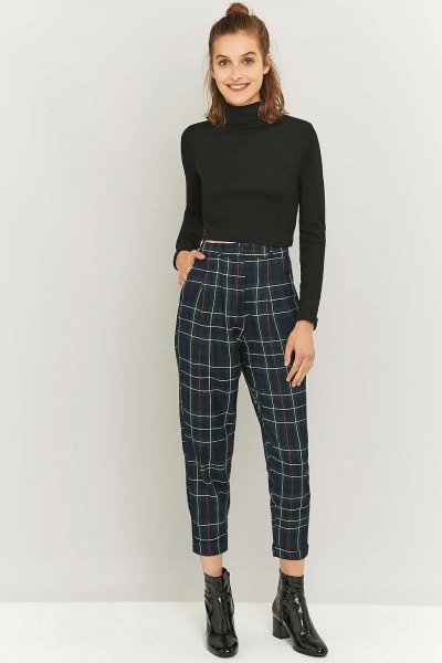 shortened mock neck sweater with black and white checked pants
