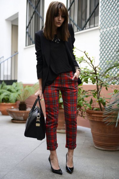 black blazer with red checked tube pants with cuff