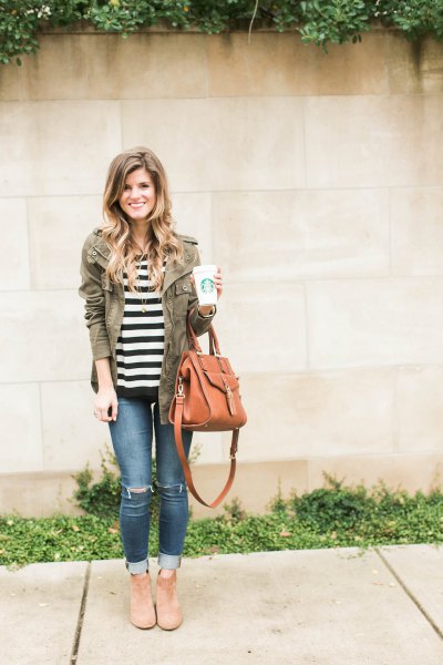 black and white striped t-shirt with gray autumn jacket
