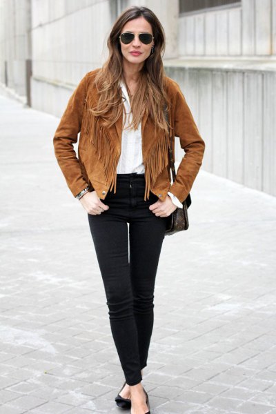 brown suede autumn jacket with fringes, white blouse and black jeans