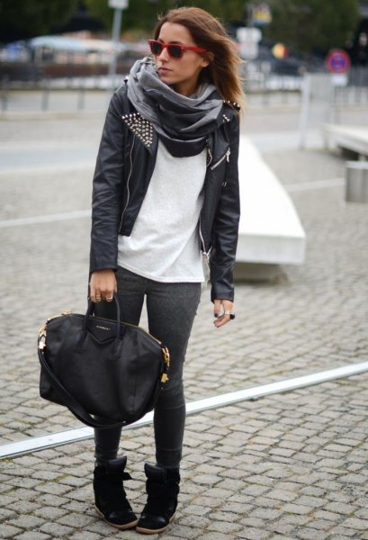 black leather jacket with white t-shirt and gray silk scarf