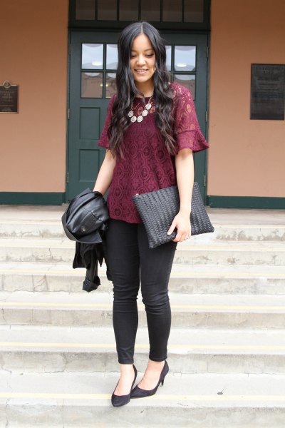 black lace blouse with skinny jeans and ballerinas