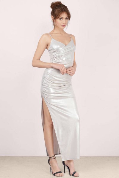 white maxi high split bodycon maxi dress with open toe heels