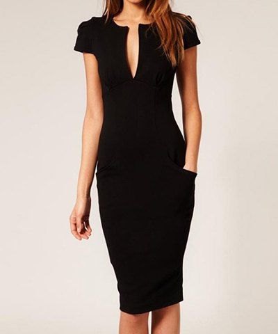 black midi dress with deep v-neck and deep zip