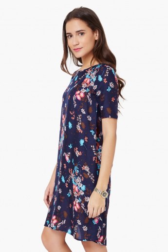 black and light blue mini chiffon shirt dress with floral pattern