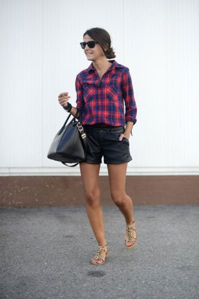 dark blue and red checked boyfriend shirt with black leather shorts