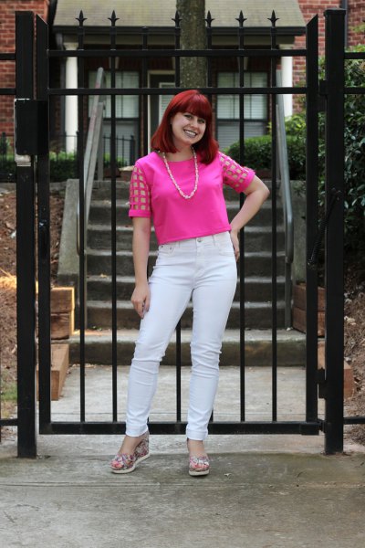 pink mesh top with white jeans and blushing flats