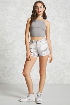 gray, short, ribbed tank top with cream-colored mini shorts