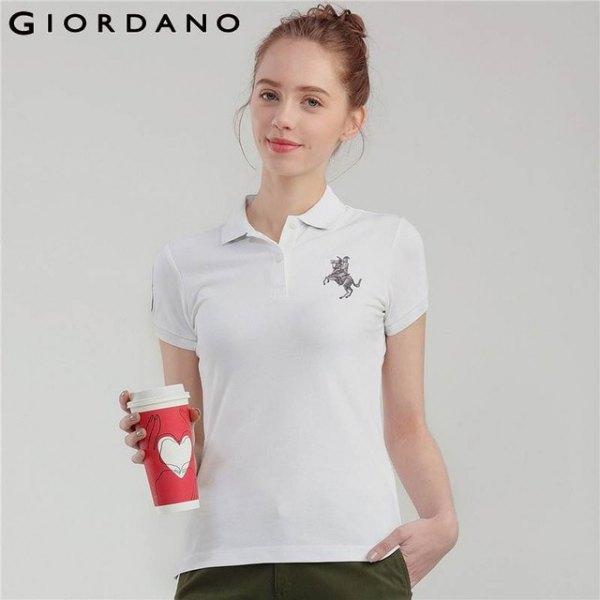 white animal embroidered polo shirt with black trousers