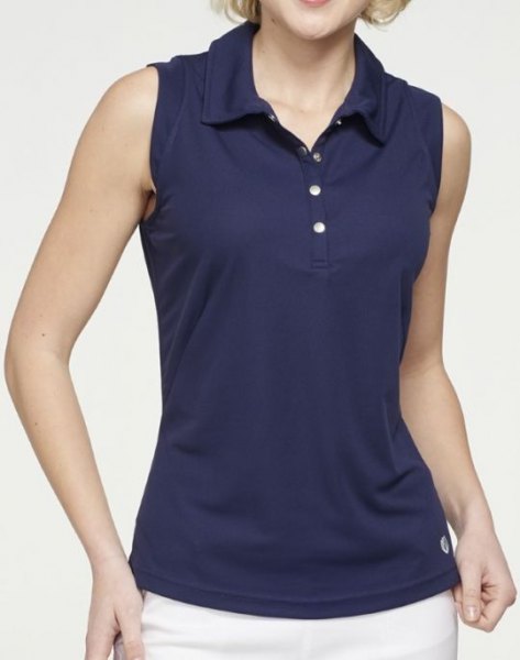 Dark blue, sleeveless polo shirt with a slim fit and white trousers