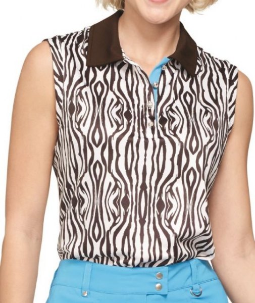 Sleeveless polo shirt with black and white zebra print and sky blue jeans