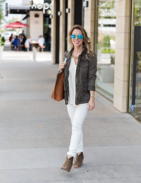 gray blazer with white blouse and cuff jeans
