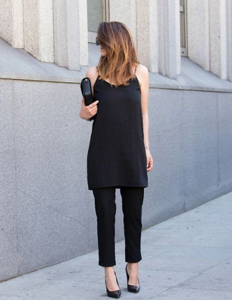 Tunic-chiffon top with spaghetti straps, chinos and black leather clutch