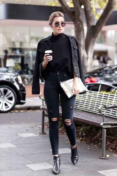 black denim jacket with leather boots chelsea boots