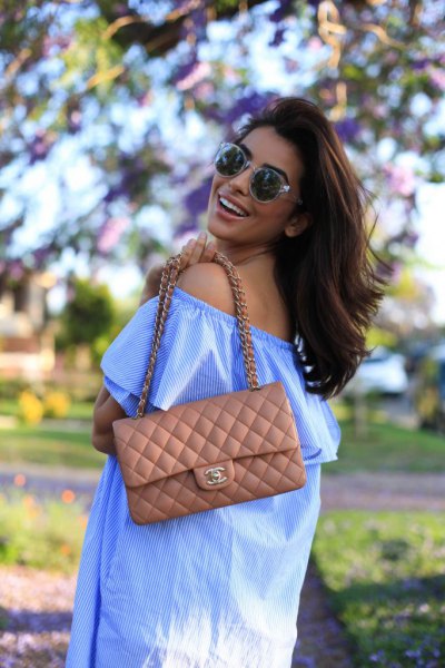 sky blue off shoulder shirt dress with green quilted wallet