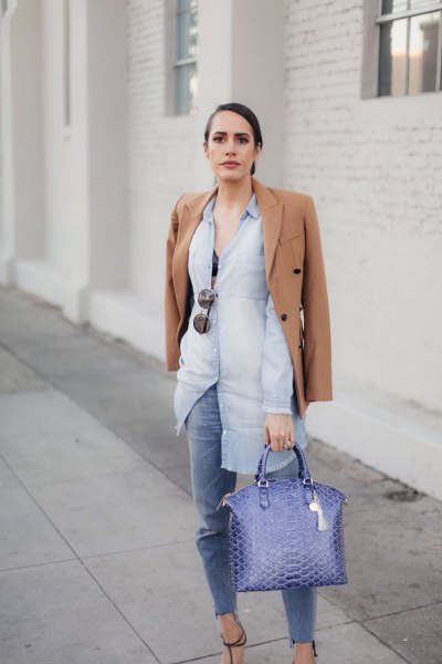 Light blue chambray shirt dress with buttons, jeans and handbag made of artificial jeans