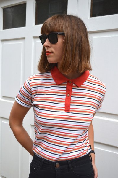 red and white striped polo shirt with black skinny jeans