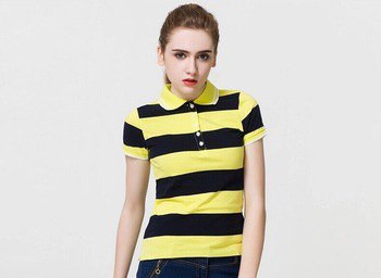 yellow-black wide-striped polo shirt with dark blue skinny jeans