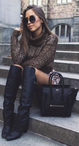 gray turtleneck sweater with printed mini skirt and square toe boots above the knee