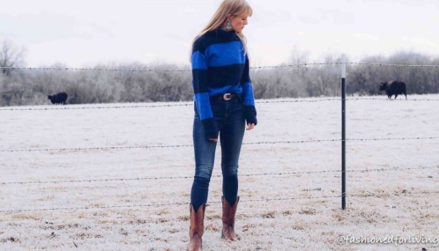 royal blue striped sweater with brown square suede toe boots in the middle of the calf