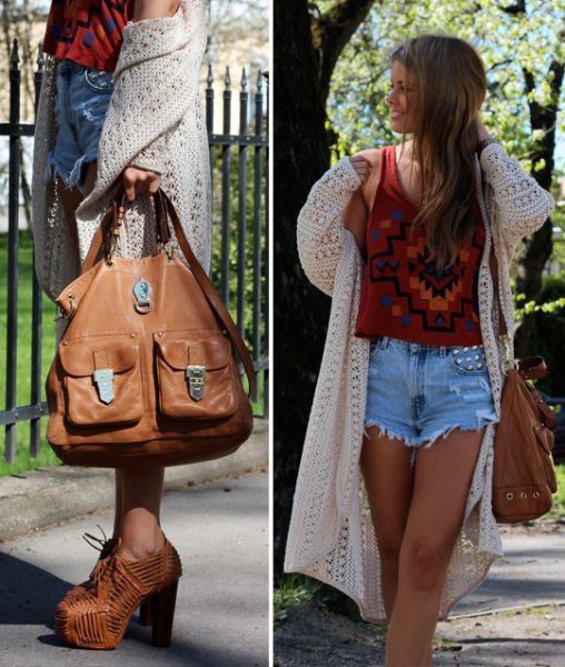 white crochet maxi jacket with red graphic tank top and mom jeans shorts