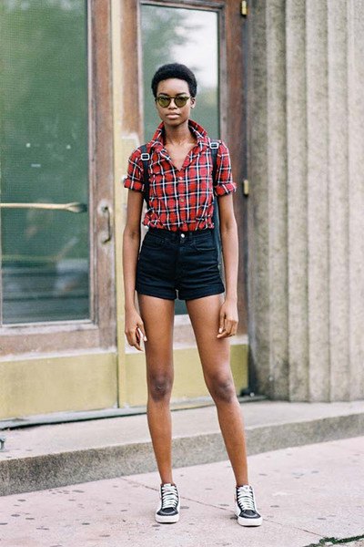 red and blue plaid shirt with buttons and black mini skyscraper shorts