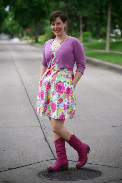 pink short cardigan with a floral printed swing mini dress