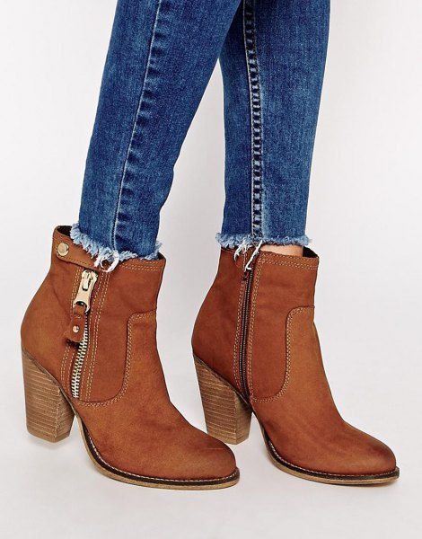 blue slim fit jeans with suede camel ankle boots with zip