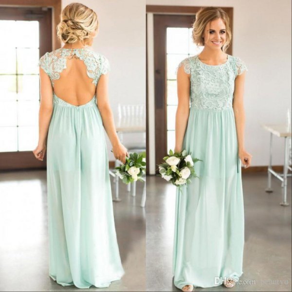 backless, mint green bridesmaid dress in maxi mint with white lace heels