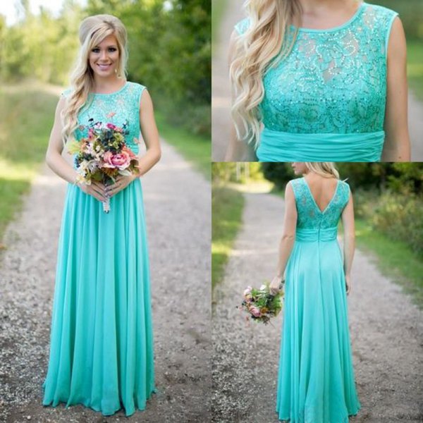 Mint green sleeveless lace and chiffon pleated maxi bridesmaid dress
