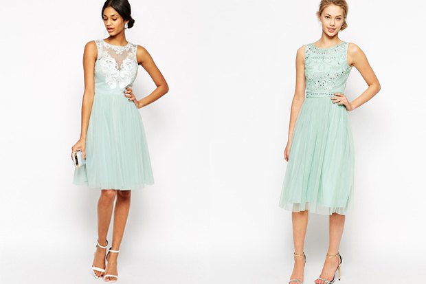 Midi mint green pleated bridesmaid dress with white open toe heels