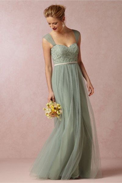 Mini chiffon bridesmaid dress with green belt and sweetheart neckline