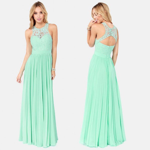 light green neckline at the back and flared bridesmaid dress