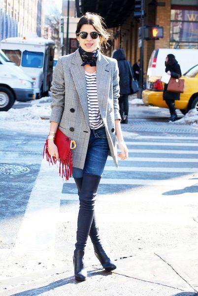 gray tweed blazer with black and white striped long-sleeved T-shirt