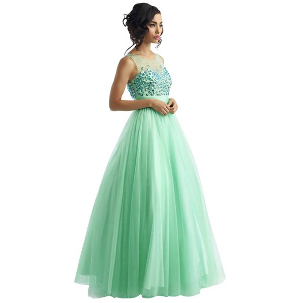 Semi sheer fit and flare mint green floor-length evening dress
