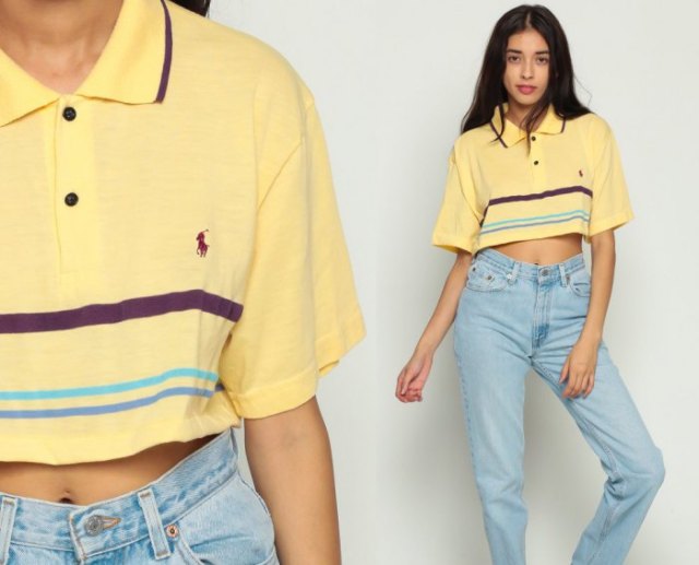 Light yellow short polo shirt with mom jeans