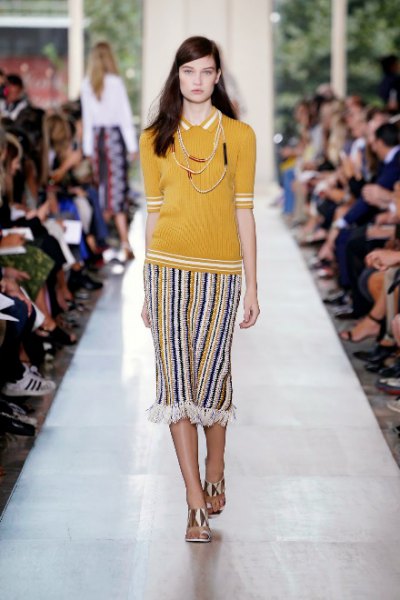 Mustard yellow slim fit polo shirt with striped midi skirt in tribal style
