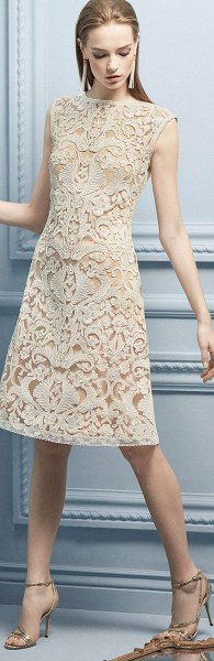 Sleeveless, knee-length lace dress with an open toe neck and open toe heels