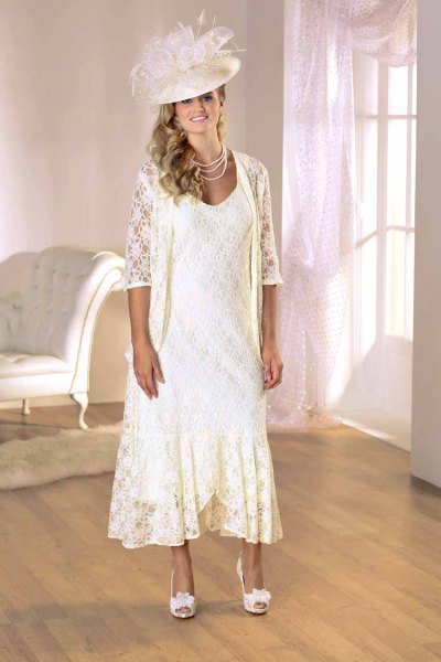 white lace jacket with flowing dress with maxi lace hem