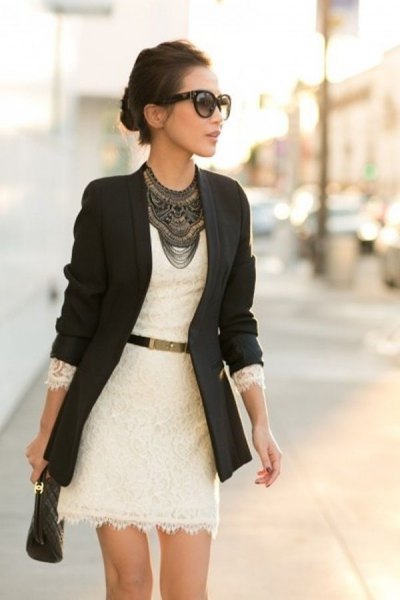black blazer with lace mini dress with belt