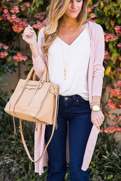 white t-shirt with v-neck and light pink longline cardigan